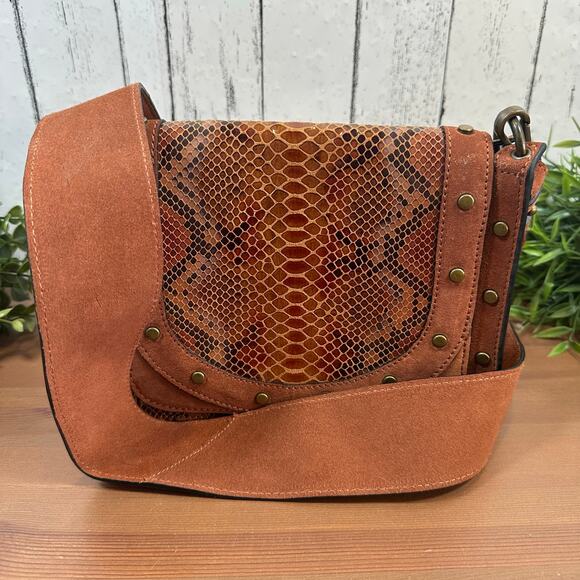 Anthropologie Leila Suede Snakeskin Brown Crossbody Bag - Picture 1 of 8